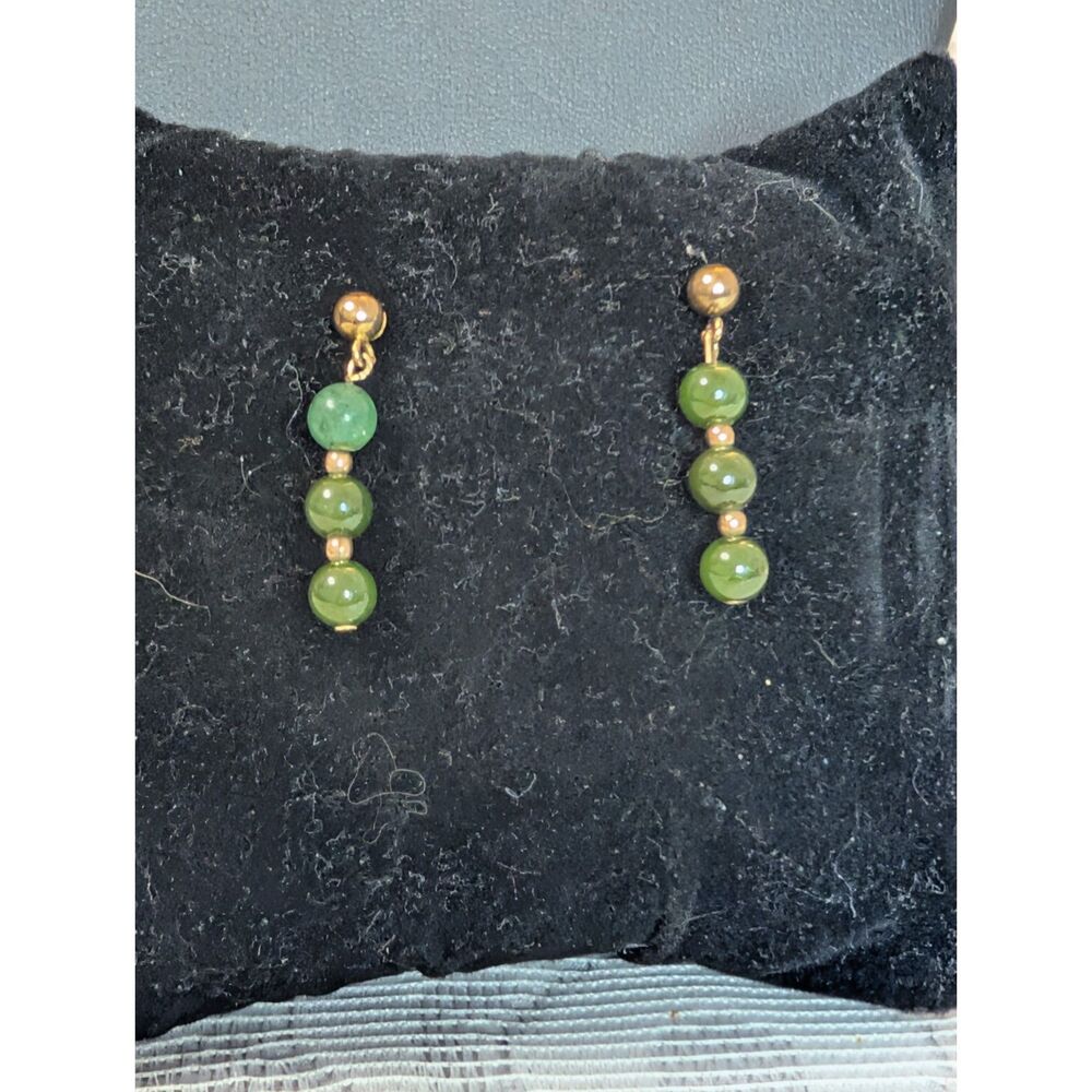 Vintage Gold Tone Earthy Green Jade Style Triple Bead Linear Drop Earrings